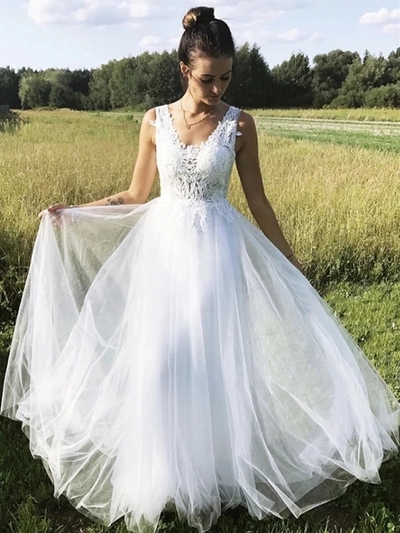 A Line V Neck Tulle Long Lace White Wedding Dresses,Formal Prom Dresses