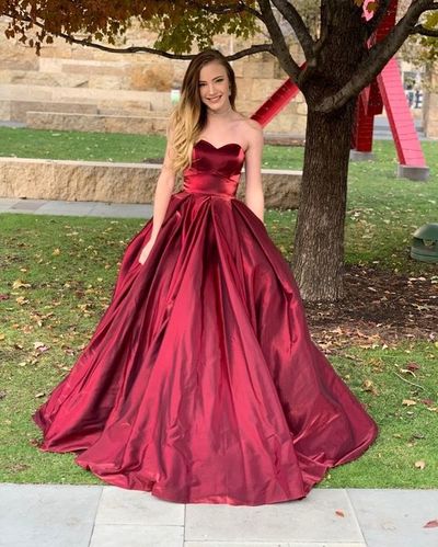 Cute Ball Gown Sweetheart Satin Long Prom Dresses with Pockets