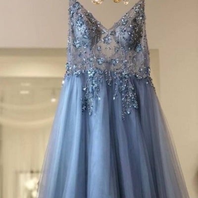 Spaghetti straps tulle long prom dresses with beaded - Thumbnail 4