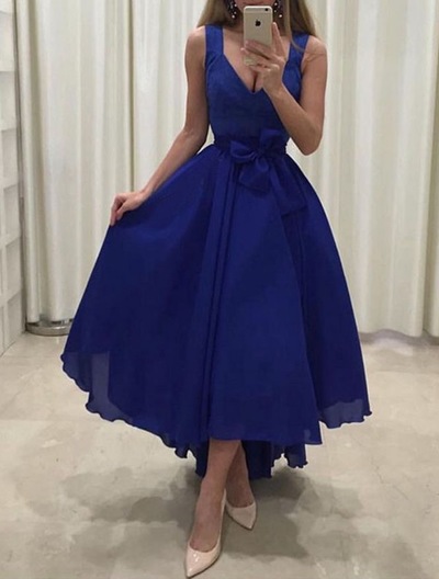 Straps V Neck Royal Blue Prom Dresses Homecoming Gown