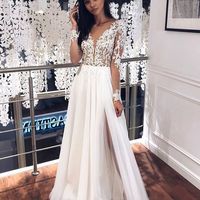 Charming V Neck Long Sleeves Lace Split Wedding Dresses - Thumbnail 1
