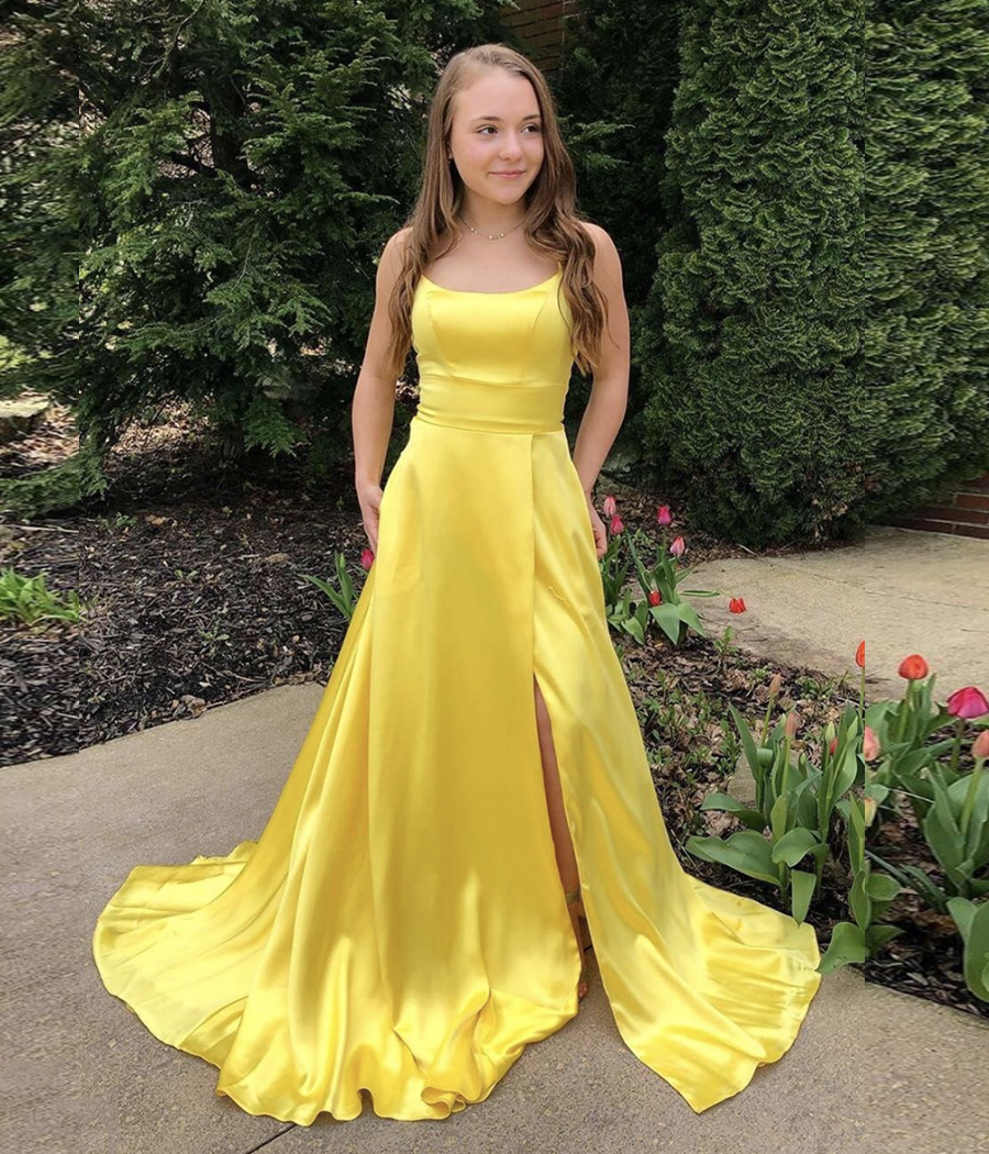 Yellow satin long prom dress simple evening dress