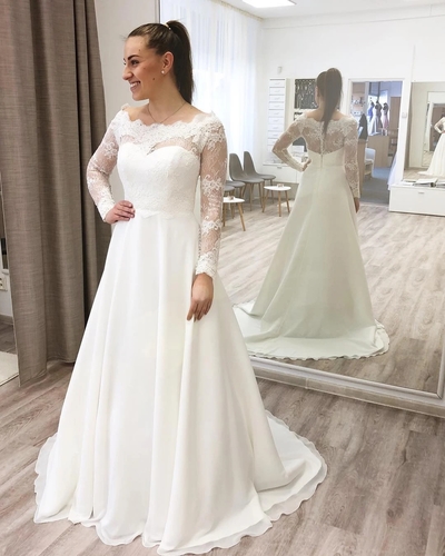 A-Line Off the Shoulder White Chiffon Wedding Dresses with Appliques