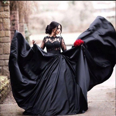 Black long Prom Dresses Quinceanera Gown with Sleeves