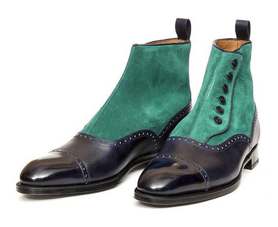 Men's Hand Stitch Black Leather Oxfords Cap Toe Button Fastening Ankle High Boot