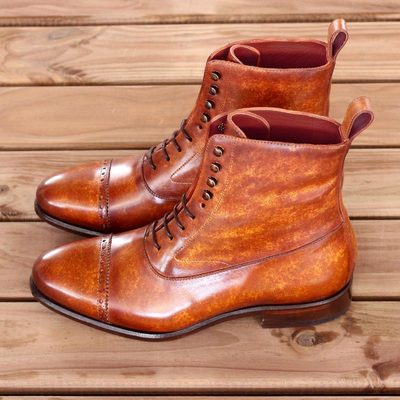 Handmade Best Cognac Patina Calf Leather Boots Custom Made For Men