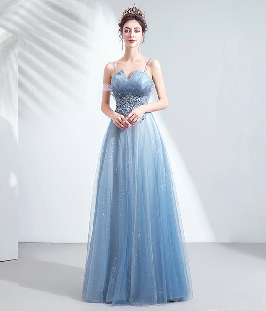 Blue tulle lace long prom gown formal dress