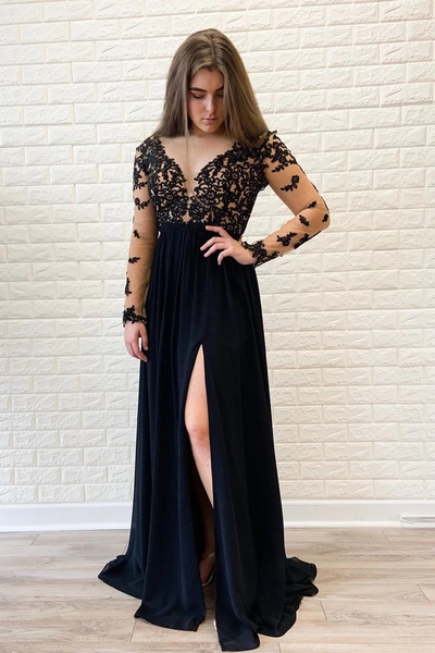 Elegant A-Line V Neck Long Sleeves Chiffon Long Prom Dresses with Appliques