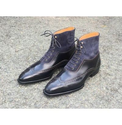 Handmade Men's Black Blue Wing Tip Ankle Boots, Men Leather Suede Dress Boots