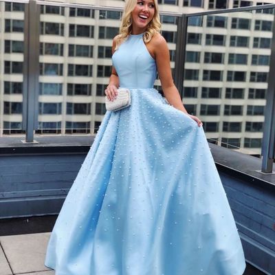 Cute a line halter light blue satin beading prom dresses, fashion party dresses - Thumbnail 3
