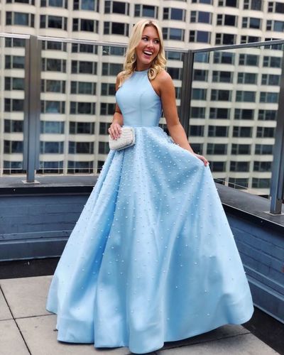 Cute A Line Halter Light Blue Satin Beading Prom Dresses, Fashion Party Dresses