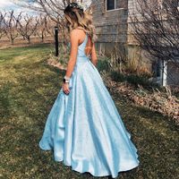 Cute A Line Halter Light Blue Satin Beading Prom Dresses, Fashion Party Dresses - Thumbnail 1