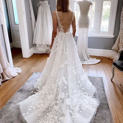 Fairy sweet v neck white lace wedding dresses for bride - Thumbnail 4