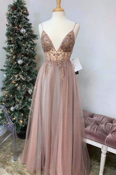 Cute V Neck Spaghetti Straps Blush Pink Prom Dresses with Beading, Split Evening Party Dresses