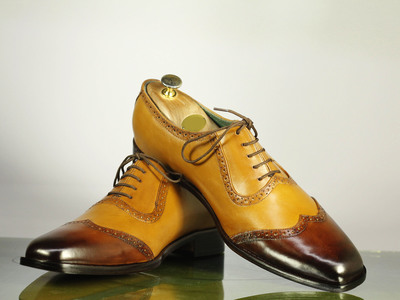 Bespoke Men's Tan & Brown Shoes, Men's Leather Wing Tip Lace Up Casual Shoes.