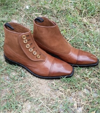 Handmade Men Tan Brown Leather Button Boots, Ankle Leather Button Boots