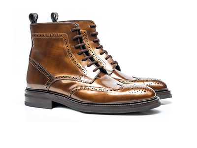 High Ankle Genuine Patent Leather Brown Wing Tip Full Brogue Toe Handmade Lace Up Boots