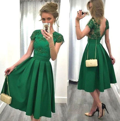 Tea Length Green Homcoming Dresses with Appliques