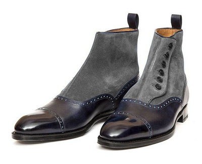 New Handmade Men Blue Gray Suede Leather High Ankle Forma Wear Boot