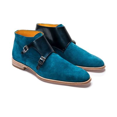 Two Tone Blue Suede Real Leather High Ankle Monk Double Buckle Strap Spectator Fashion Boots