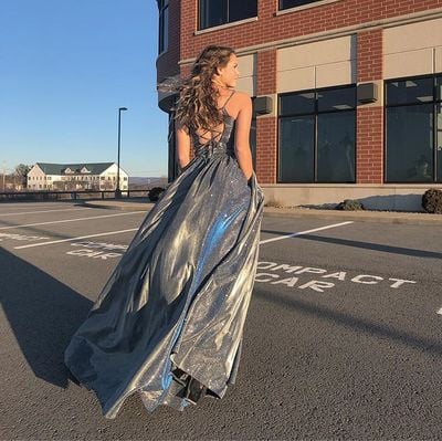 Sparkly A Line Spaghetti Straps Navy Blue Long Prom/Evening Dresses