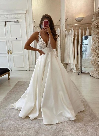 White v neck satin lace long prom dress evening dress wedding dress