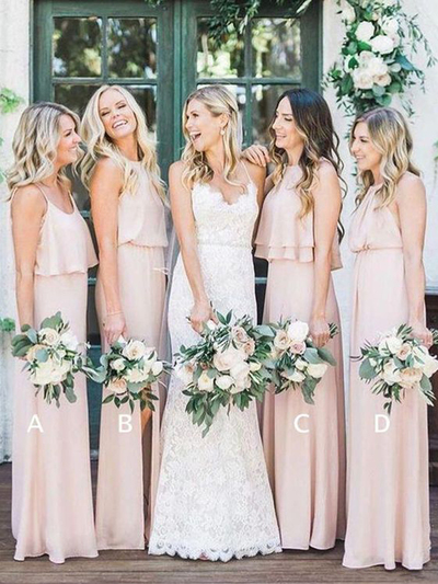 Elegant Sheath Pink Chiffon Long Bridesmaid Dresses Under 100