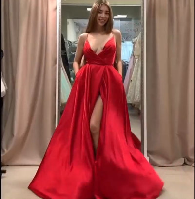 Spaghetti Straps Red Prom Dresses with Slit Side