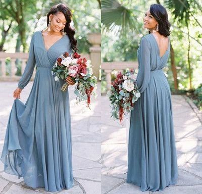 Elegant A Line Dusty Blue Chiffon Long Sleeves Bridesmaid Dresses