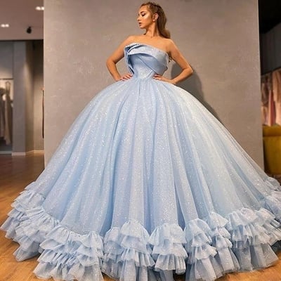 Sparkly ball gown prom dresses strapless puffy evening gowns ruffles formal party dress - Thumbnail 4
