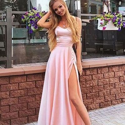 Cute a line v neck spaghetti straps pink split prom dresses, fashion evening party dresses - Thumbnail 4