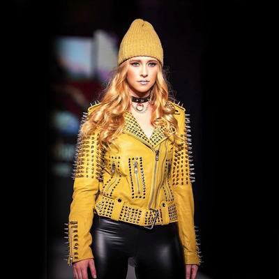 WOMEN LUXURY DESIGNER YELLOW STUDDED SPIKED LAMBSKIN MOTO JACKET