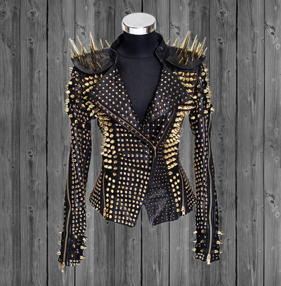 NEW WOMEN LUXURY DESIGNER Black STUDDED SPIKED LAMBSKIN MOTO JACKET