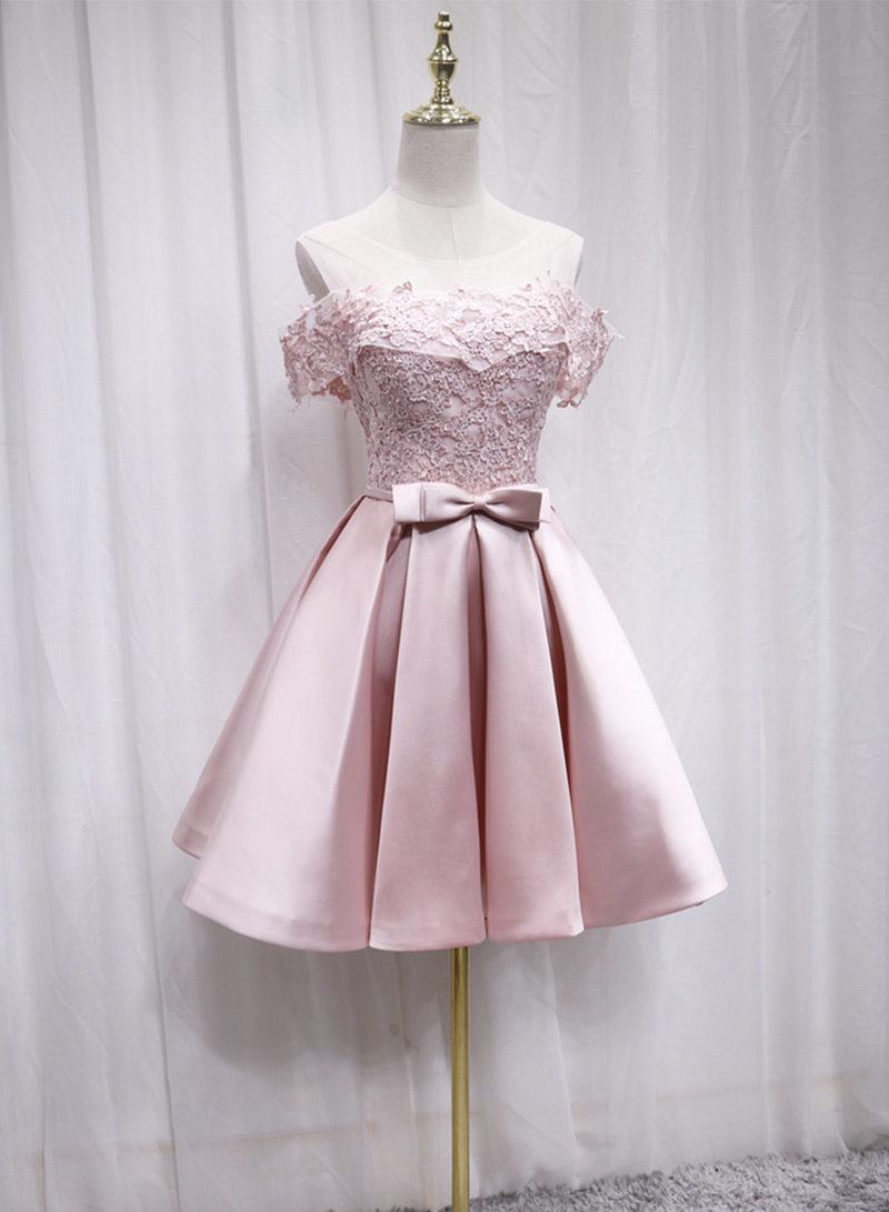 Pink lace satin short prom dress homecoming dress