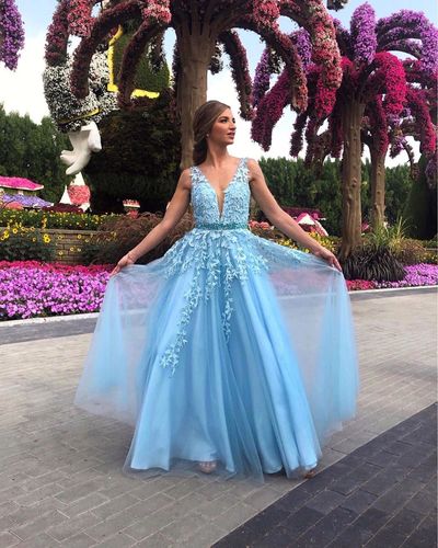 Charming A Line V Neck Blue Long Prom/Evening Dress Appliques
