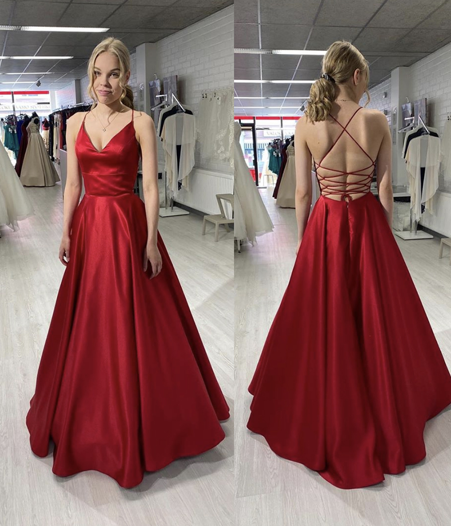 Simple v neck satin long prom dress evening dress