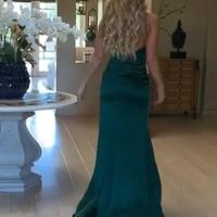 Sexy Mermaid V Neck Dark Green Long Prom Evening Party Dresses with High Slit - Thumbnail 1