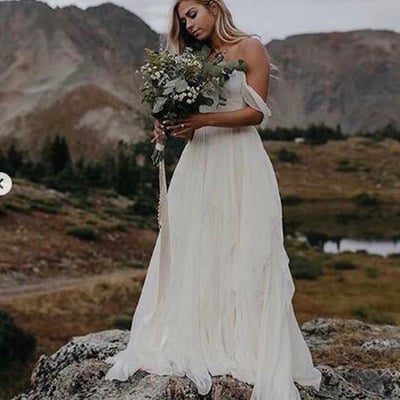 Flow a line off the shoulder ivory chiffon wedding dresses - Thumbnail 5