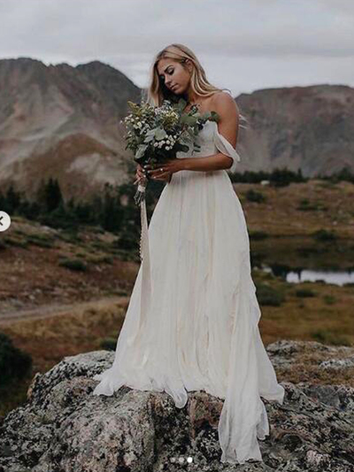 Flow A Line Off the Shoulder Ivory Chiffon Wedding Dresses