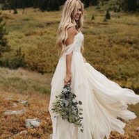 Flow A Line Off the Shoulder Ivory Chiffon Wedding Dresses - Thumbnail 1