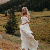 Flow A Line Off the Shoulder Ivory Chiffon Wedding Dresses - Thumbnail 3