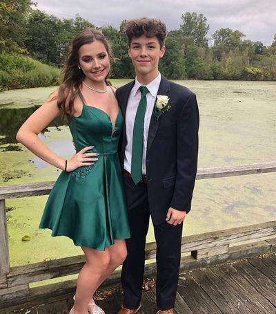 Stylish A Line Spaghetti Straps Green Satin Short Homecoming Dress with Pocket