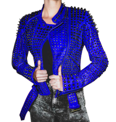 Women Motorcycle Punk Heavy Metal Spiked Tonal Black Studded Royal Blue Leather Jacket