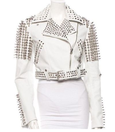 Women Motorcycle Leather Rider Women For Men's Silver Tone Studded White Leather Jacket