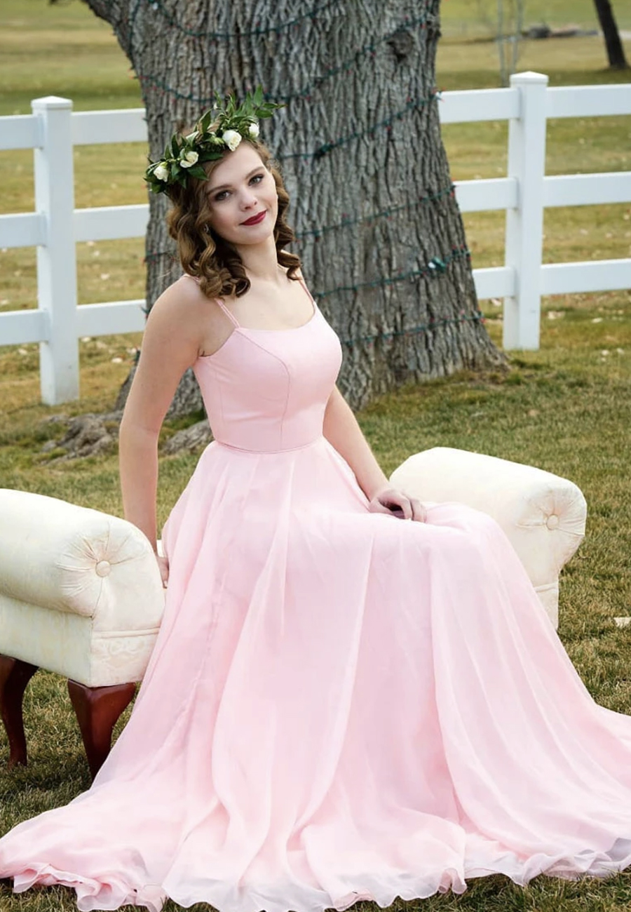 Pink chiffon long prom dress bridesmaid dress