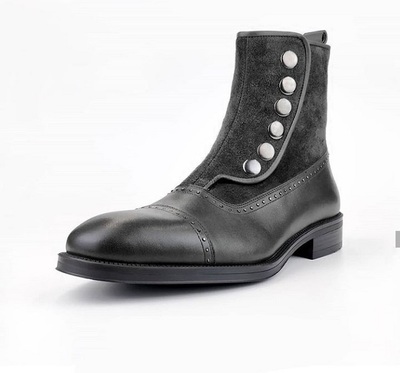 Men's Ankle Boots Black Button Top & Side Zipper Leather Suede Boot
