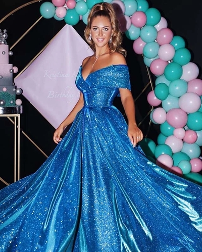Sparkly Ball Gown Off the Shoulder Blue Long Prom Evening Dresses Formal Party Dresses