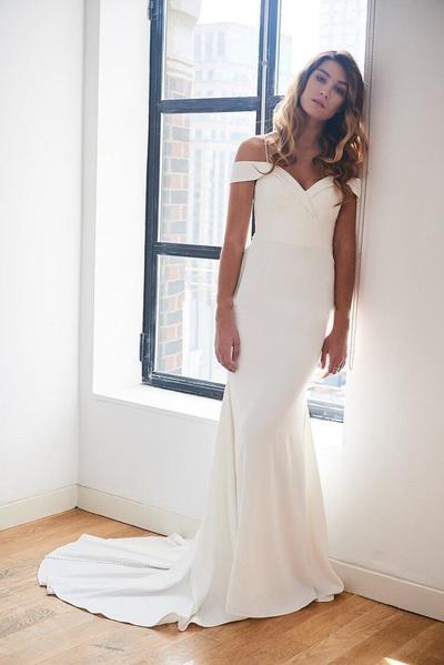 Simple Mermaid Off the Shoulder White Satin Wedding Dresses with Straps