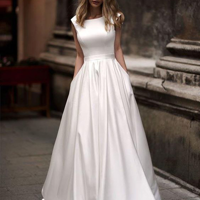 Vintage scoop neck a-line ivory long wedding dresses,simple wedding gown with pockets - Thumbnail 5