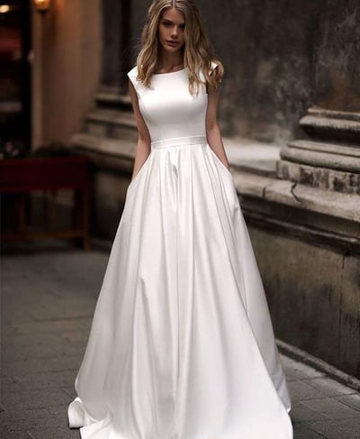 Vintage Scoop Neck A-Line Ivory Long Wedding Dresses,Simple Wedding Gown with Pockets